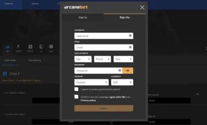 Arcanbet sign up screen