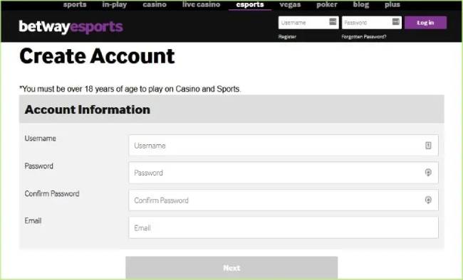 register new account at betway esports betting